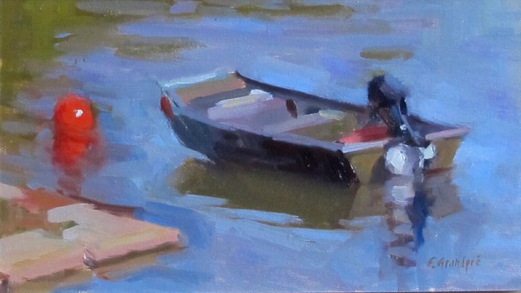 At Rest Small boat with outboard motor, near dock with water reflections