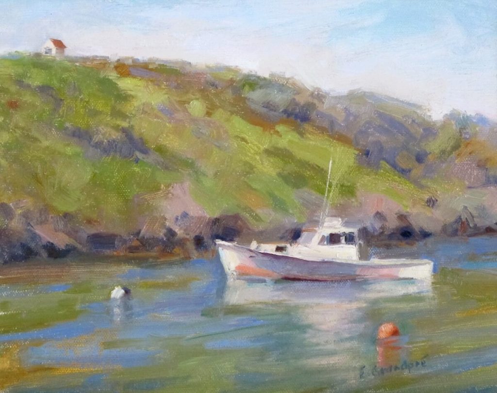 Beautiful Morning Lobster boat in front of island, reflections in water