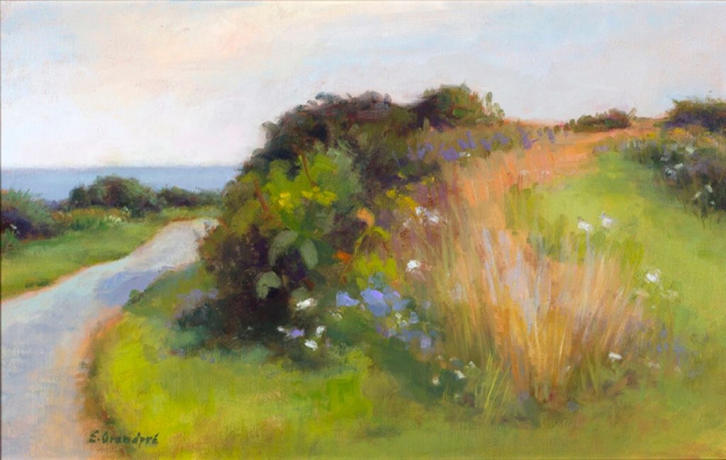 Walk This Way View of winding path, small hill with wildflowers, along oceas