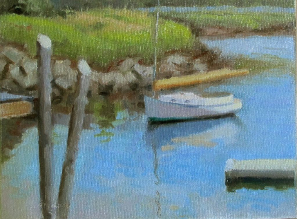 Essex Morning Sailboat in waterway, low tide with marsh grasses and pilings