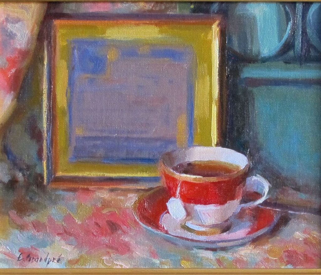 Esther’s Symphony Still life with teacup, framed poem