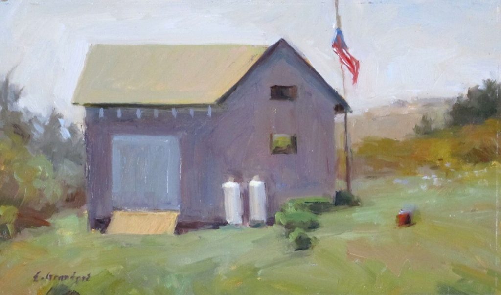 Half Mast Shed surrounded by field and greenery, flag at half mast, morning light