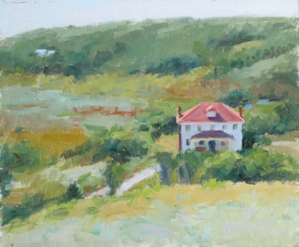 Splendid Day, View from Bearberry Hill Plein air, view of white building in landscape from above