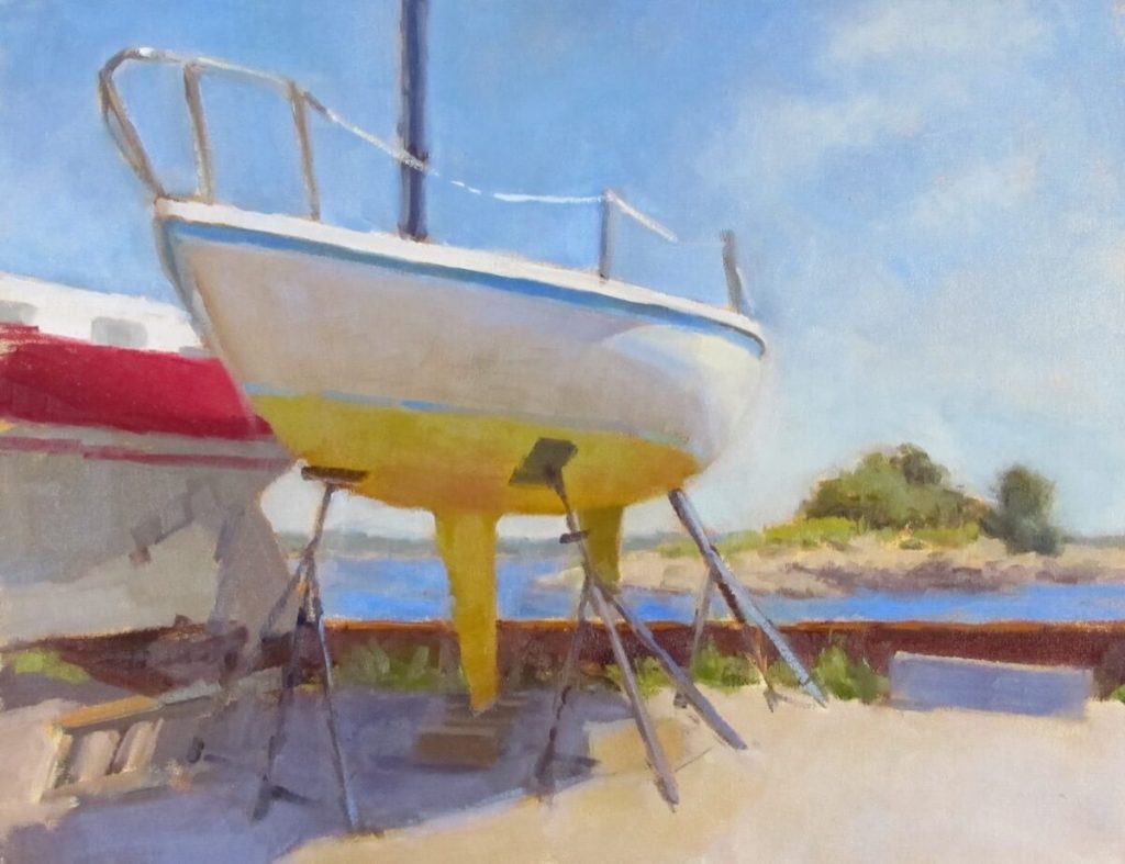 Waiting 2 sailboats, dry docked, overlooking harbor with island