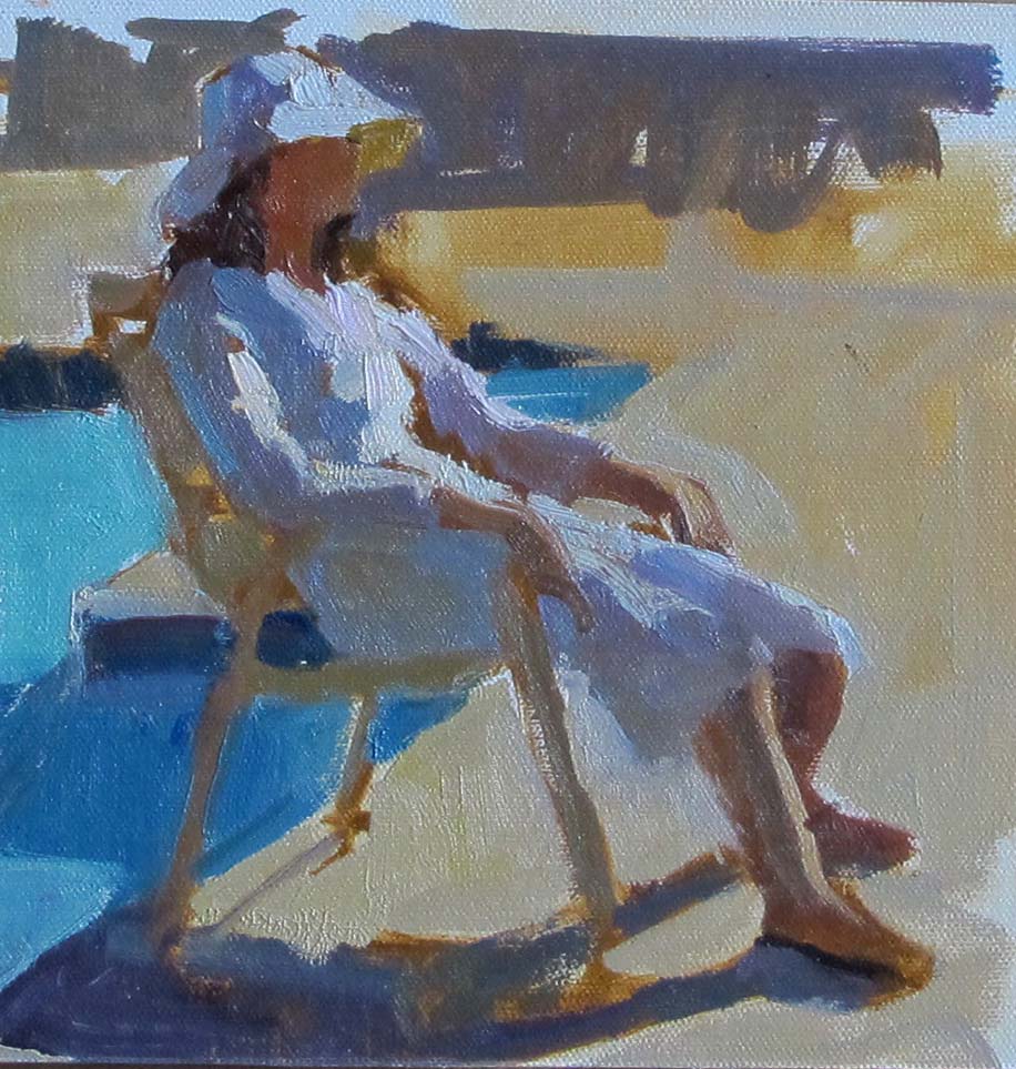 Summer Heat Study of young woman, sitting in bright sunlight with cool shadows, white dress and hat