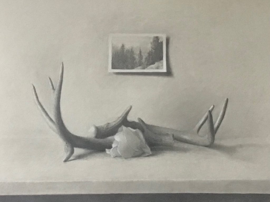 Remembrance graphite drawing of deer antlers, a flower and vintage photograph of trees/mountaings.