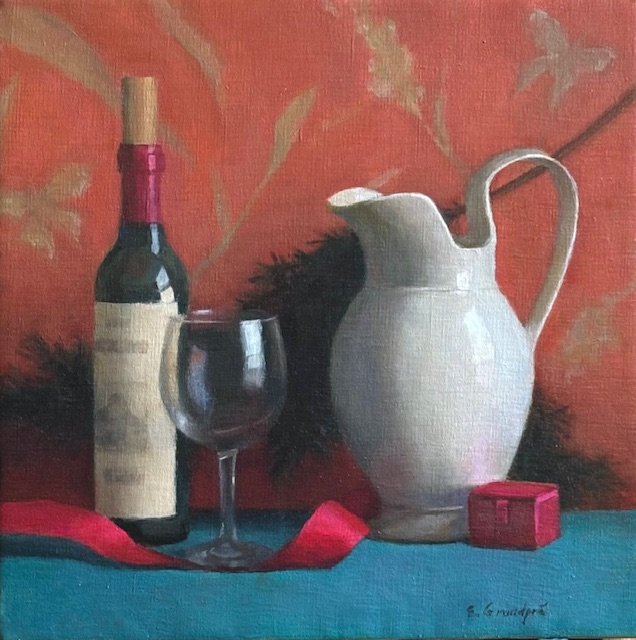 Gift still life with white pitcher, wine bottle, wine glass and red ribbon