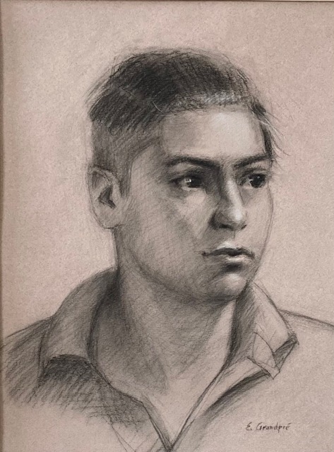 Before Covid Portrait of a young man, charcoal, white chalk on toned paper