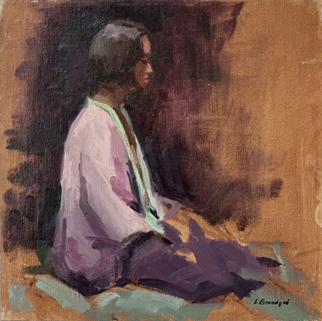 Kimono Woman in pink/purple kimono, seated, profile view