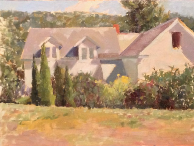 Plein air study in Vermont hills White house surrounded by bushes, trees, on hill, bright sunny morning
