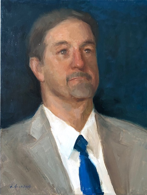 Joe Oil portrait of man in suit, dark blue tie