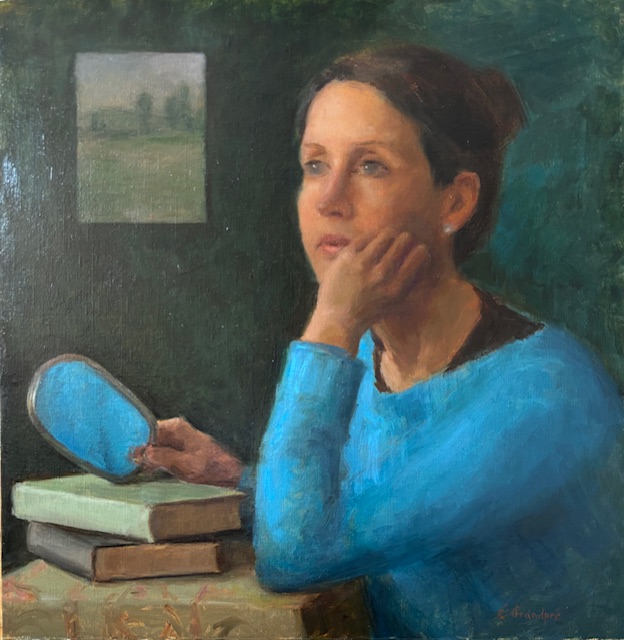 Daydream Oil painting of woman in teal blue sweater, hand mirror, resting head on hand in thought
