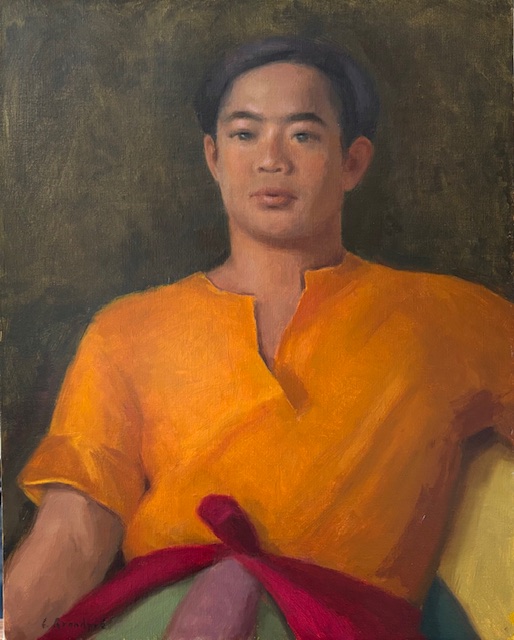 We Remember: portrait of Chummeng of Angkor Dance Troupe oil painting of a Cambodian young man in traditional clothing in preparation of a dance performace