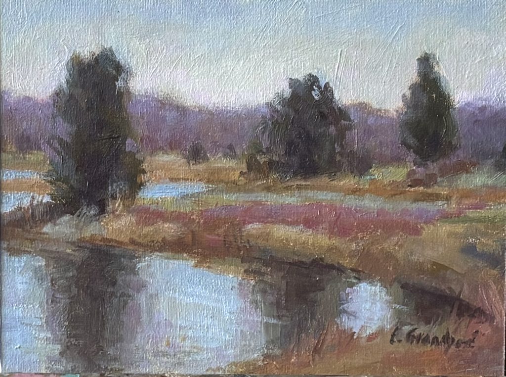 Cool morning light Small landscape study of 3 evergreen trees, water reflections