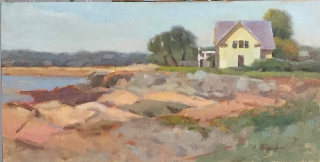 Morning at the Neck Oil painting of view of yellow house overlooking ocean and rocks, low tide
